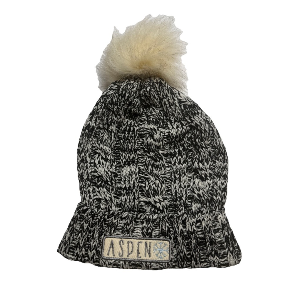 Aspen Snowflake Marled Cable Knit Beanie Faux Fur‎ Pom Black White Beanie Hat
